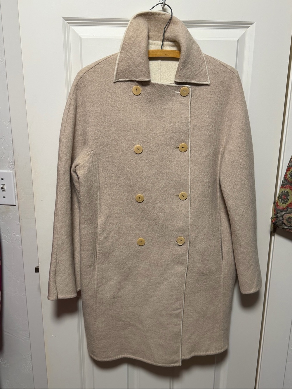 Neiman Marcus Double-Breasted Wool Pea Coat in Taupe